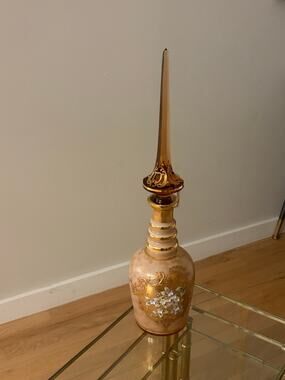Vintage MOSER Large Decanter Art Nouveau tall stopper 20” Gold Pink Floral 60s